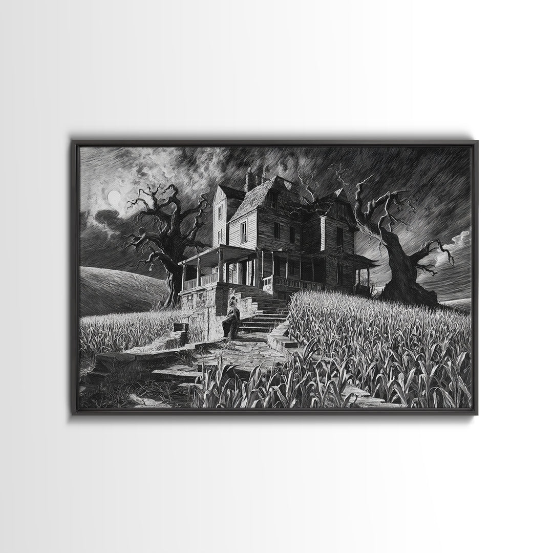 The Possessed Farmhouse, Architectural Etching Art, Landscape Wall Art, Macabre Wall Art, Framed Canvas Print