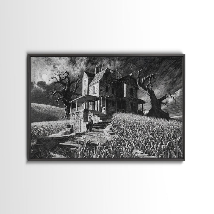 The Possessed Farmhouse, Architectural Etching Art, Landscape Wall Art, Macabre Wall Art, Framed Canvas Print