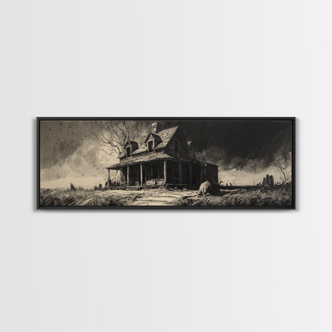 The Possessed Farmhouse, Decadent Gothic Art, Extra Wide Wall Art, Dark Halloween Decor, Framed Canvas Print, Halloween Wall Art