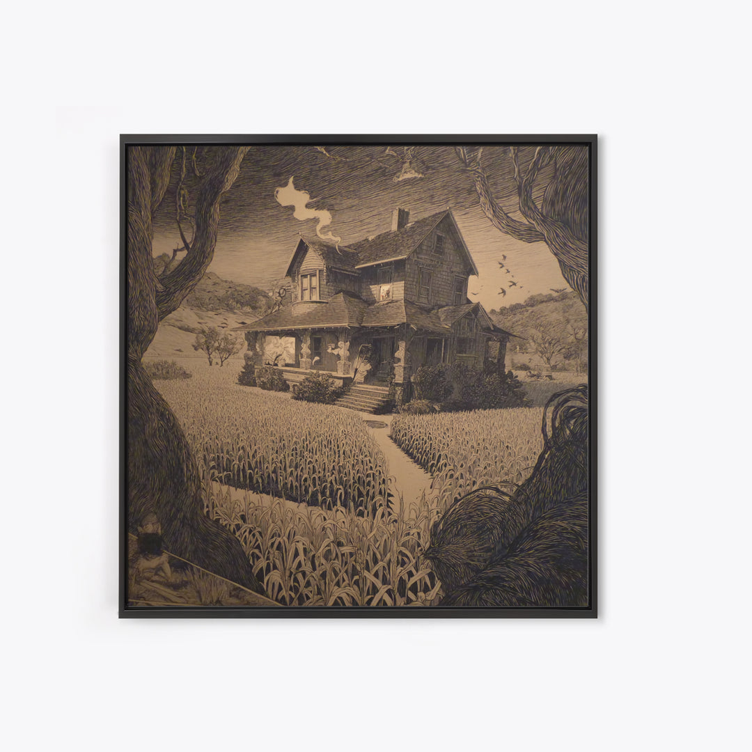The Possessed Farmhouse, Symbolist Etching Art, Square Wall Art, Dark Halloween Decor, Framed Canvas Print, Halloween Wall Art