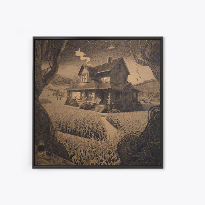 The Possessed Farmhouse, Symbolist Etching Art, Square Wall Art, Dark Halloween Decor, Framed Canvas Print, Halloween Wall Art