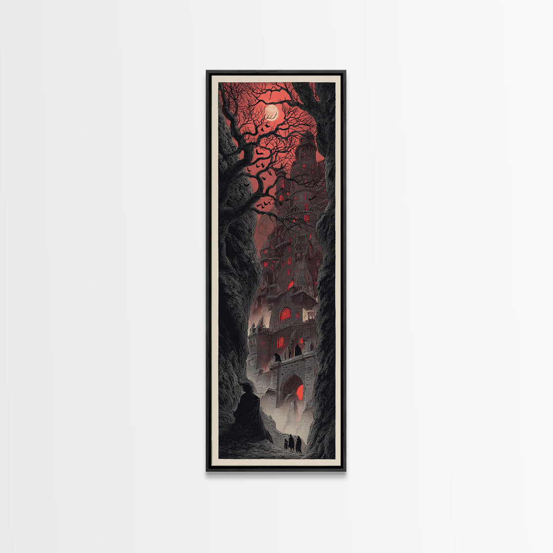 The Vampire Castle, Gothic Engraving Art, Tall Narrow Wall Art, Dark Halloween Decor, Canvas Print, Halloween Wall Art
