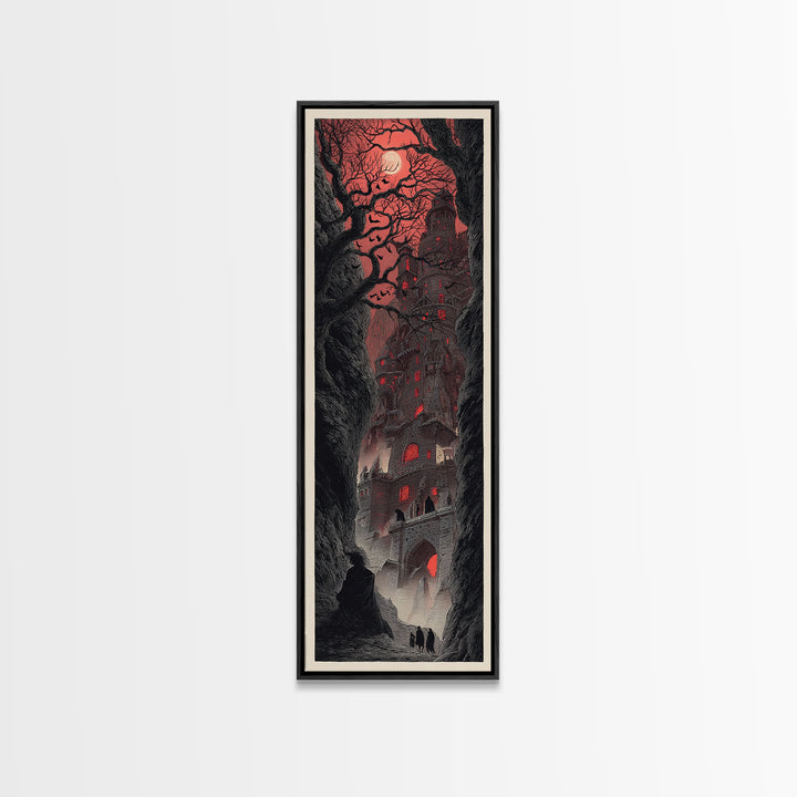 The Vampire Castle, Gothic Engraving Art, Tall Narrow Wall Art, Dark Halloween Decor, Canvas Print, Halloween Wall Art