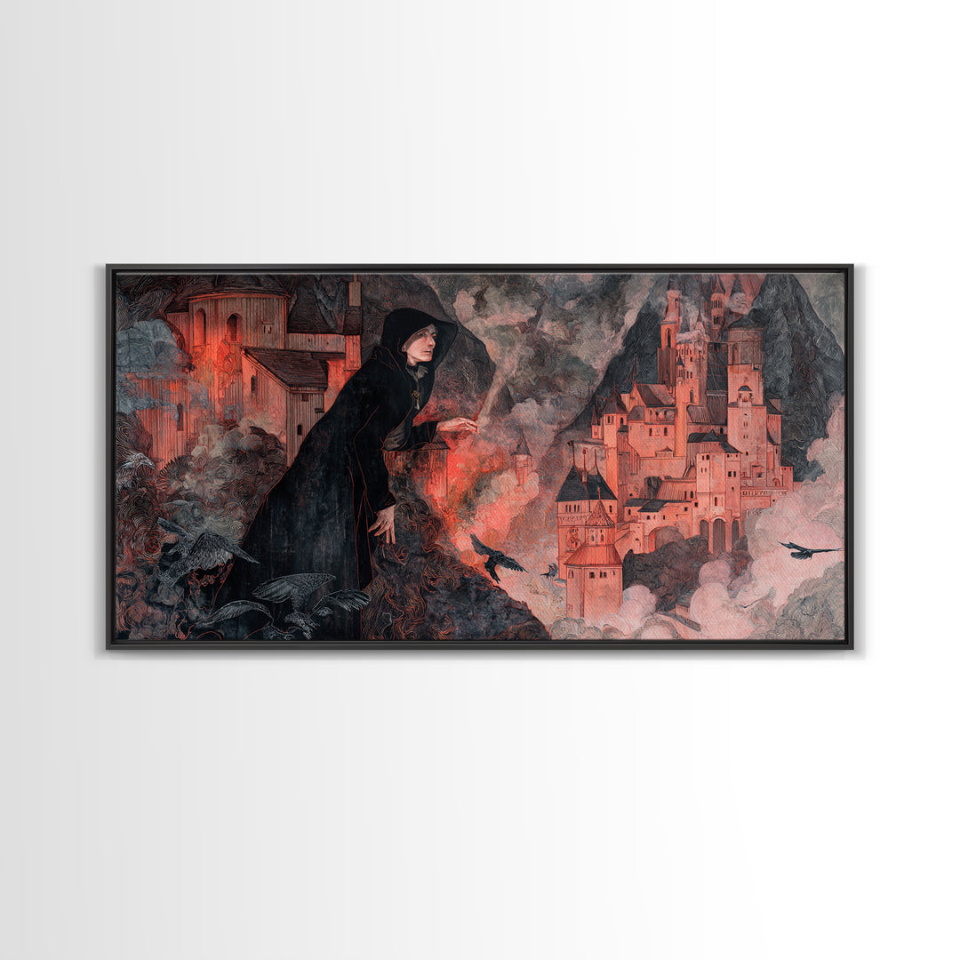 The Vampire Castle, Medieval Grotesque Art, Wide Panoramic Art, Gothic Horror Wall Art, Framed Canvas Print, Halloween Wall Art