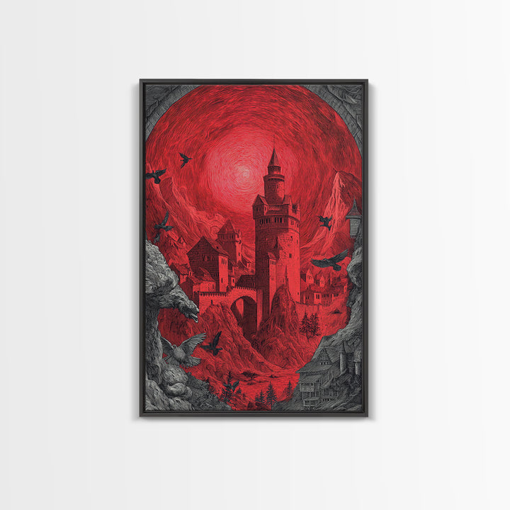 The Vampire Castle, Renaissance Engraving Art, Vertical Wall Art, Dark Halloween Decor, Framed Canvas Print, Halloween Wall Art