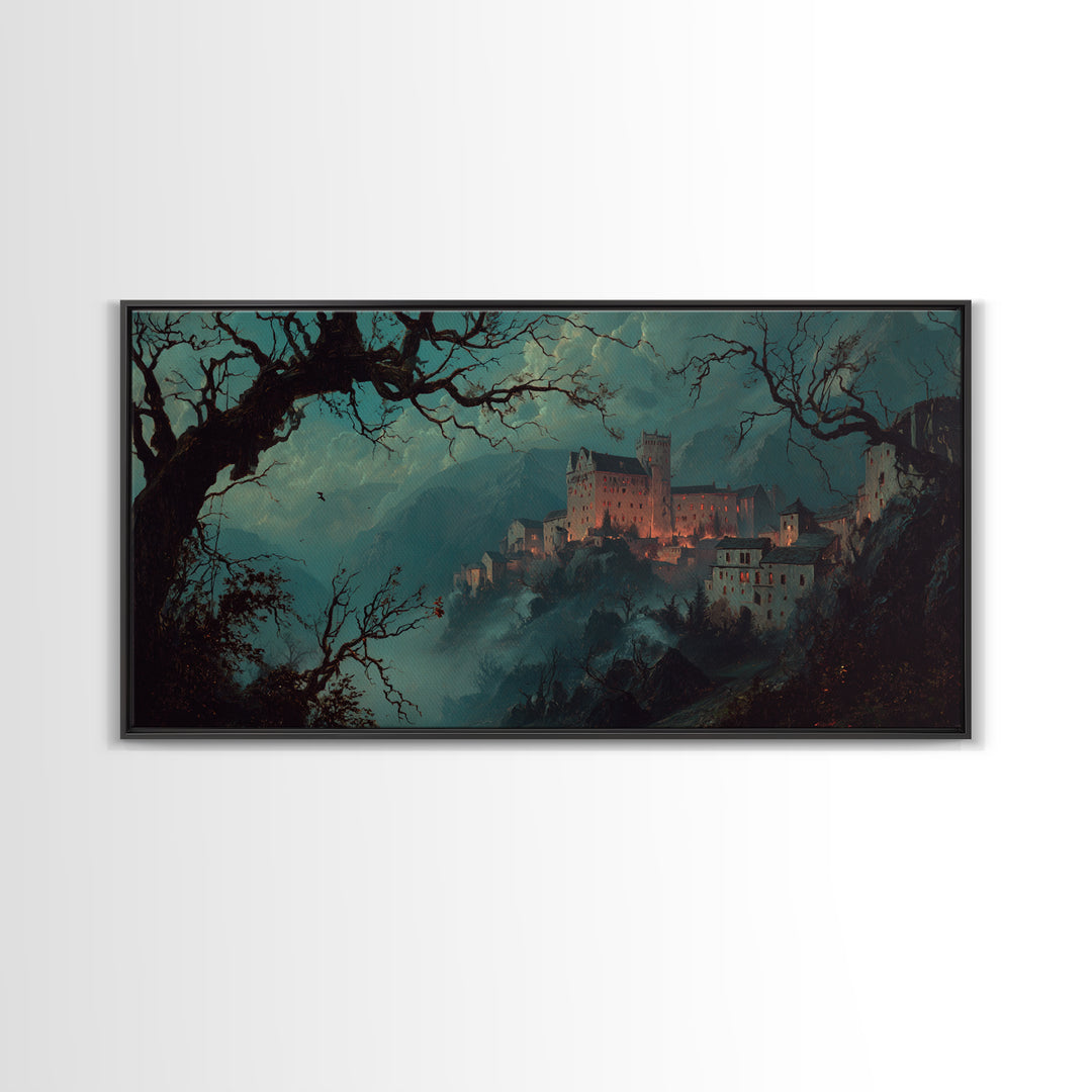 The Vampire Castle, Baroque Witchcraft Art, Wide Panoramic Art, Dark Fantasy Wall Art, Framed Canvas Print, Halloween Wall Art