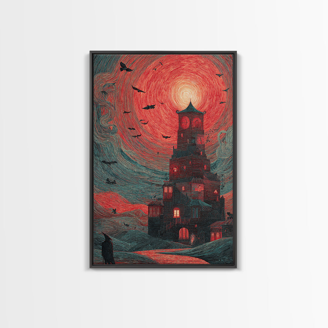 The Vampire Castle, Expressionist Gothic Art, Vertical Wall Art, Dark Halloween Decor, Canvas Print, Halloween Wall Art