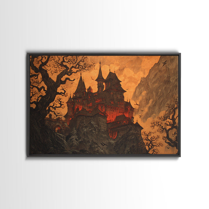 The Vampire Castle, Gothic Storybook Art, Landscape Wall Art, Dark Fantasy Wall Art, Framed Canvas Print, Halloween Wall Art