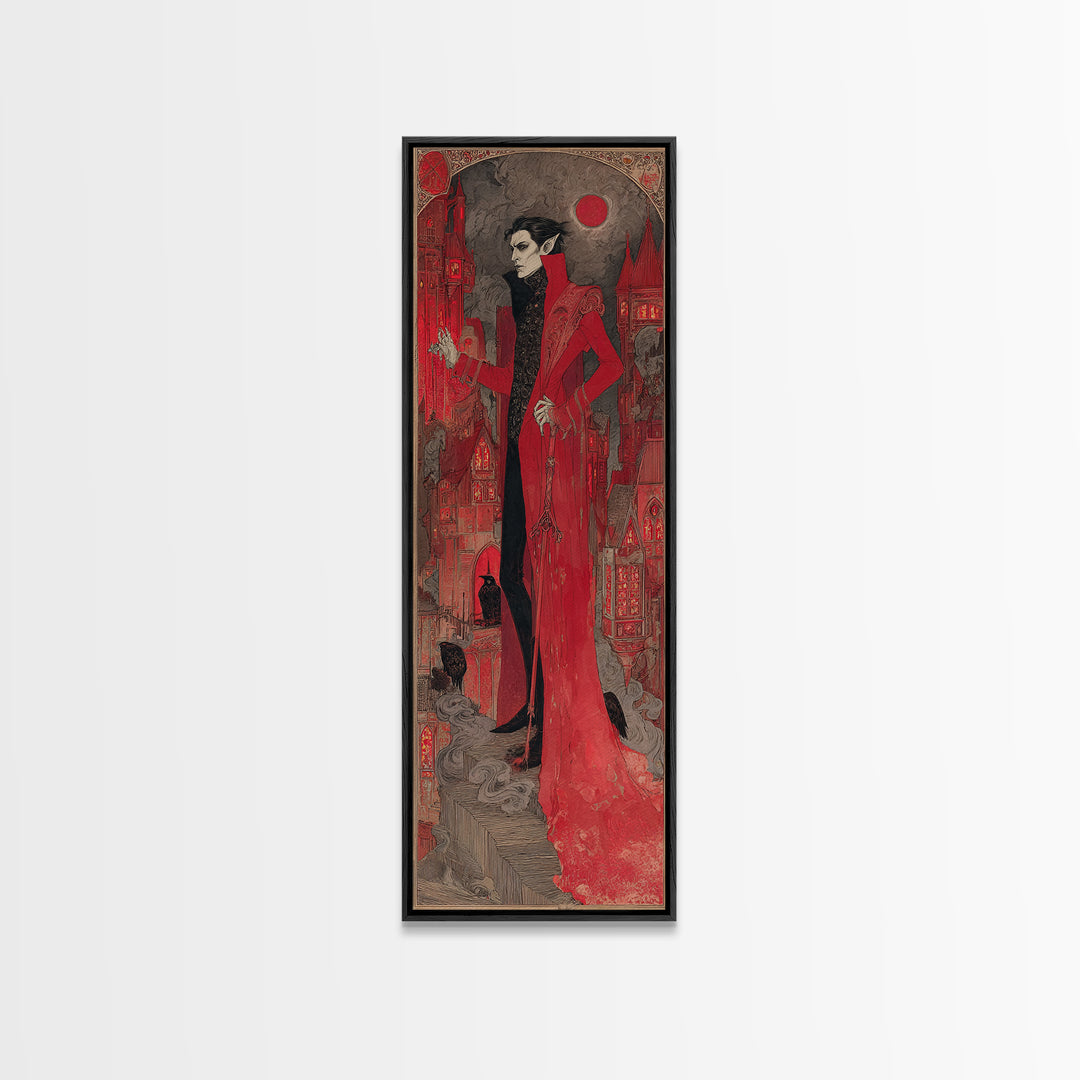 The Vampire Castle, Stained Glass Gothic Art, Tall Narrow Wall Art, Dark Halloween Decor, Canvas Print, Halloween Wall Art