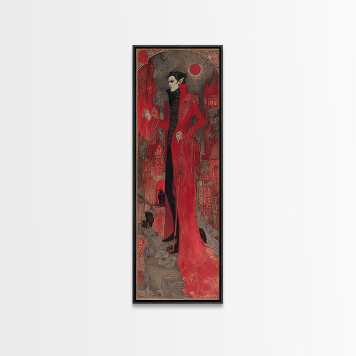The Vampire Castle, Stained Glass Gothic Art, Tall Narrow Wall Art, Dark Halloween Decor, Canvas Print, Halloween Wall Art
