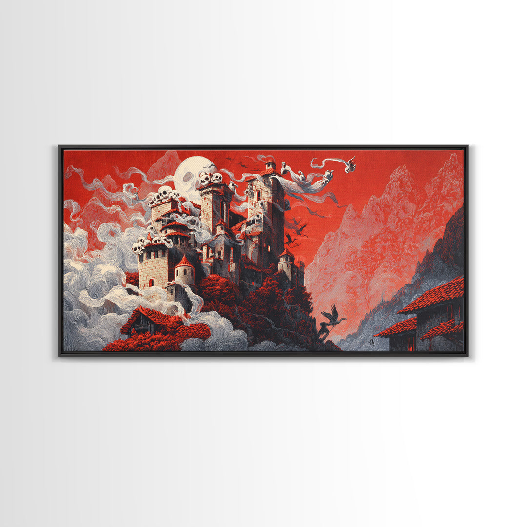 The Vampire Castle, Macabre Folk Print Art, Wide Panoramic Art, Dark Halloween Decor, Canvas Print, Halloween Wall Art