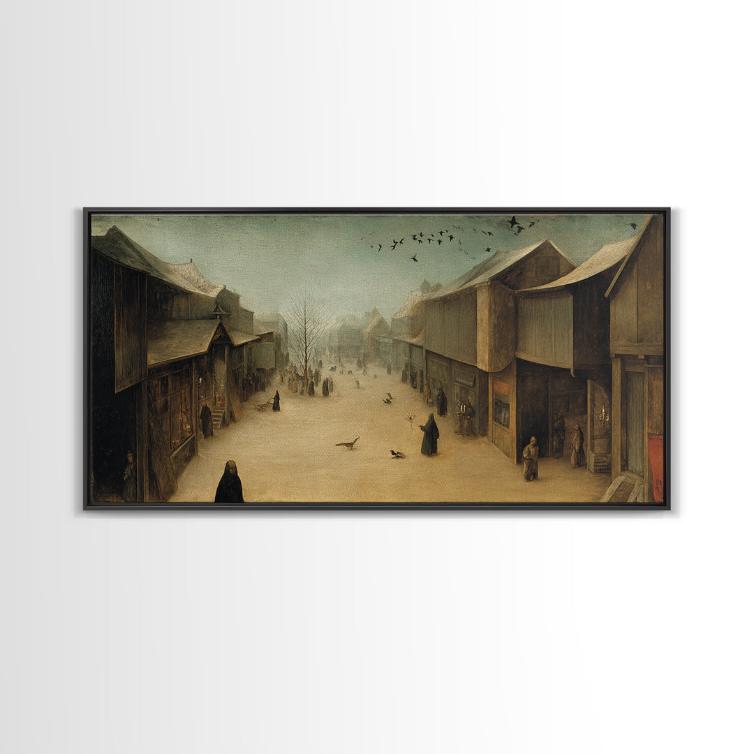 The Ghost Town Main Street, Northern Renaissance Horror, Wide Panoramic Art, Dark Halloween Decor, Framed Canvas Print
