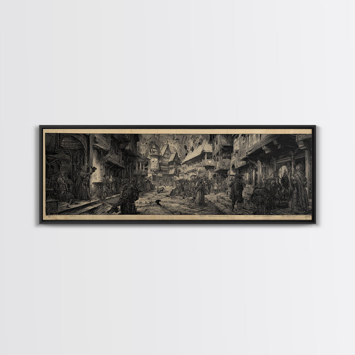 The Ghost Town Main Street, Renaissance Engraving Art, Extra Wide Wall Art, Dark Halloween Decor, Framed Canvas Print, Halloween Wall Art