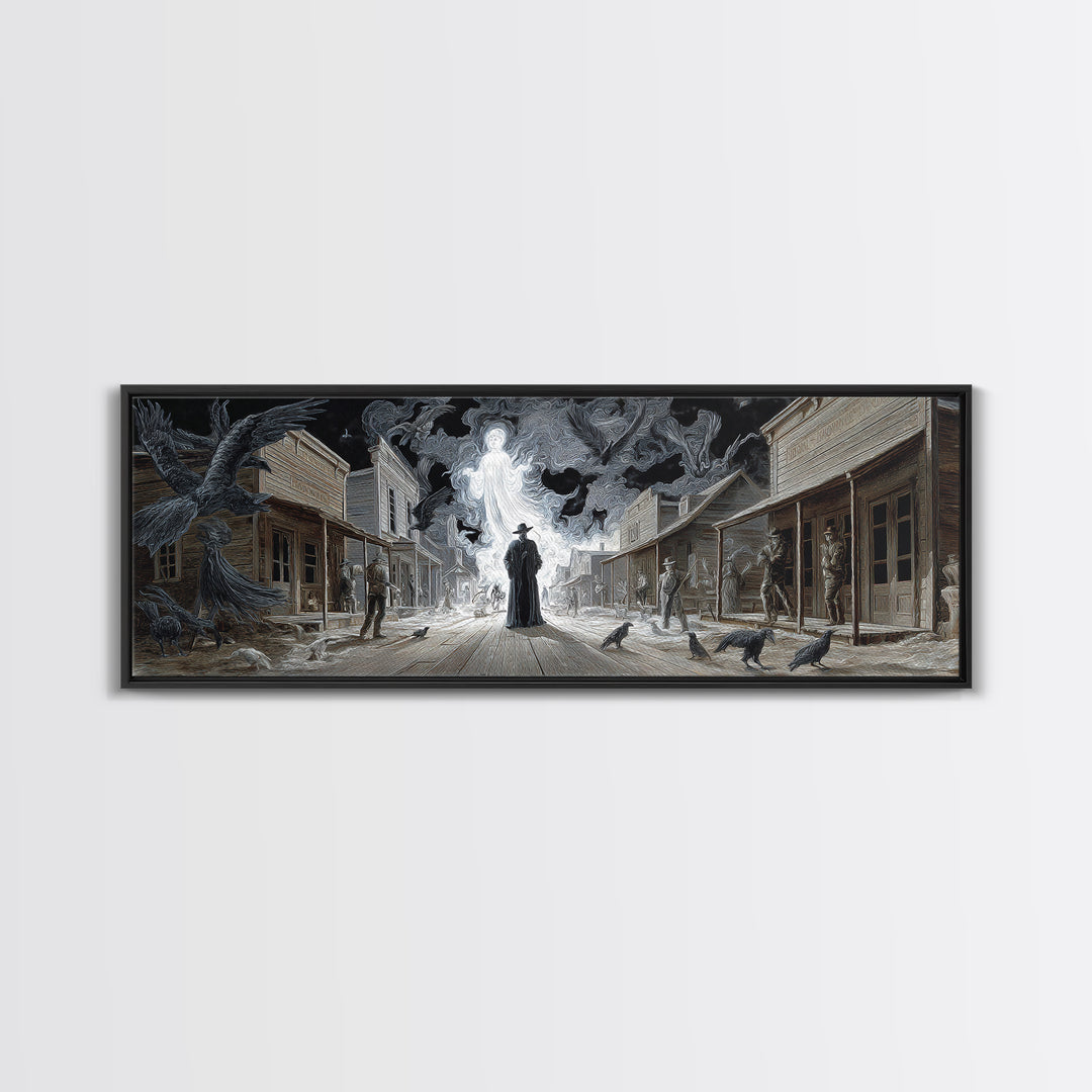 The Ghost Town Main Street, Visionary Gothic Art, Extra Wide Wall Art, Macabre Wall Art, Framed Canvas Print, Halloween Wall Art