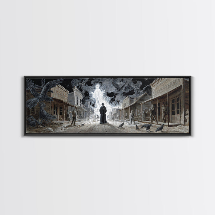The Ghost Town Main Street, Visionary Gothic Art, Extra Wide Wall Art, Macabre Wall Art, Framed Canvas Print, Halloween Wall Art