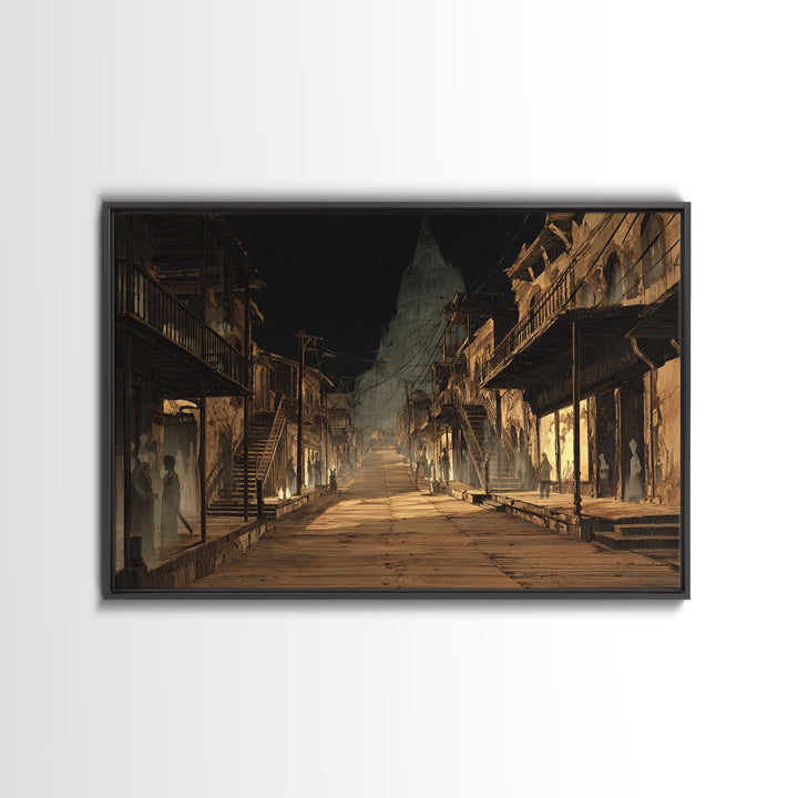 The Ghost Town Main Street, Architectural Etching Art, Landscape Wall Art, Dark Halloween Decor, Framed Canvas Print