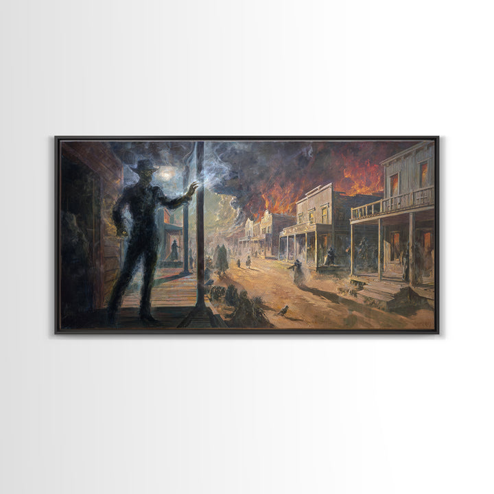 The Ghost Town Main Street, Apocalyptic Romantic Art, Wide Panoramic Art, Dark Fantasy Wall Art, Framed Canvas Print, Halloween Wall Art