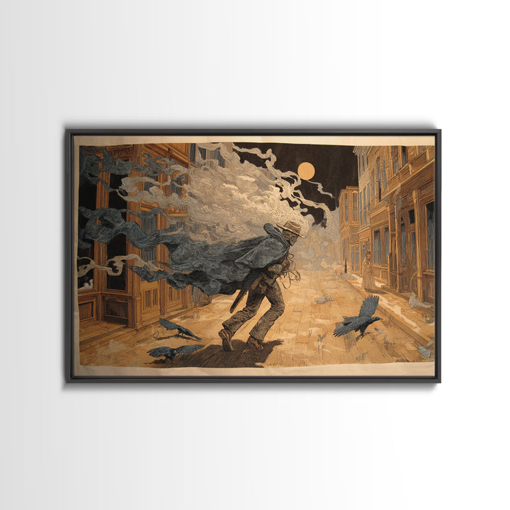 The Ghost Town Main Street, Symbolist Etching Art, Landscape Wall Art, Gothic Horror Wall Art, Framed Canvas Print, Halloween Wall Art