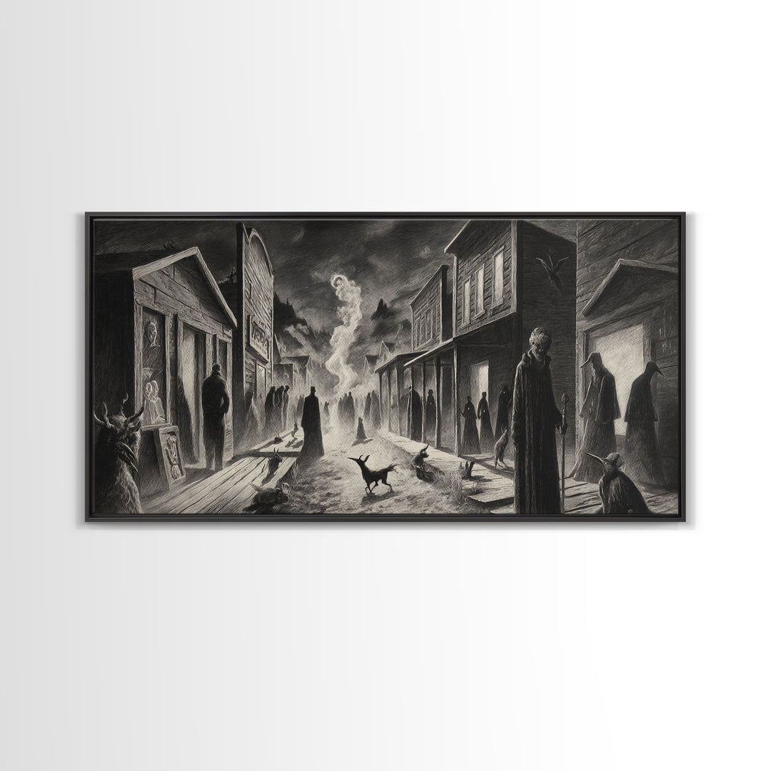 The Ghost Town Main Street, Expressionist Nightmare Art, Wide Panoramic Art, Dark Halloween Decor, Framed Canvas Print, Halloween Wall Art