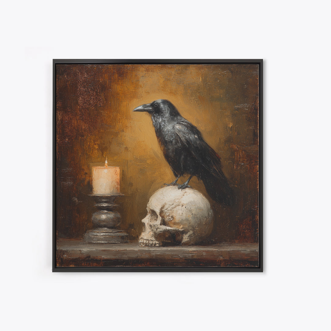 Raven Perched on a Skull Canvas Print, Dark Art, Room Decor, Living Room Decor, Fine Art, Nocturne, Digital Art, DAR-1x1-25