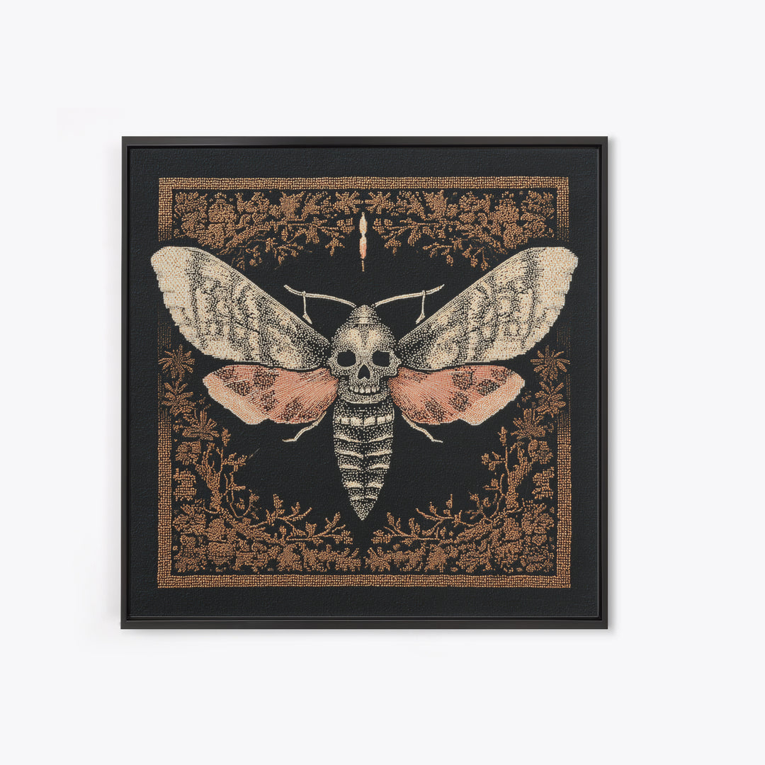 Moth with Skull Pattern on Black Ground Framed Canvas Print, Dark Art, Unique Wall Decor, Living Room Decor, Fine Art, Nocturne, DAR-1x1-39