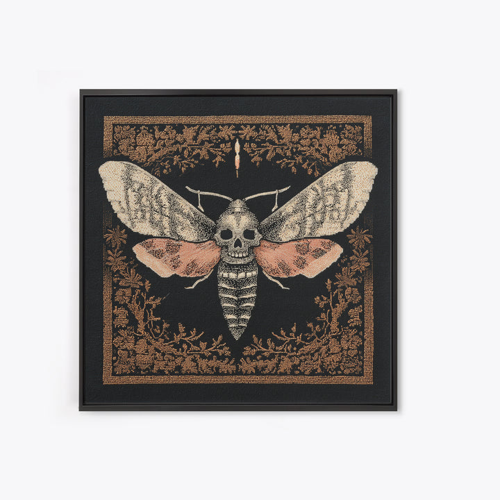 Moth with Skull Pattern on Black Ground Framed Canvas Print, Dark Art, Unique Wall Decor, Living Room Decor, Fine Art, Nocturne, DAR-1x1-39