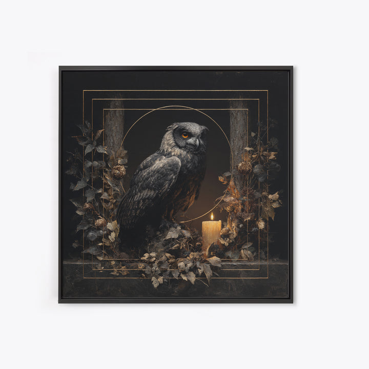 Owl in a Midnight Pine Forest Framed Canvas Print, Dark Art, Weird Art, Living Room Decor, Oil Painting, Nocturne, DAR-1x1-46