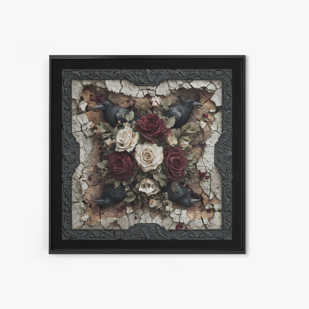 Black Roses Blooming from Cracked Stone Canvas Print, Dark Art, Fantasy Art, Living Room Decor, Fine Art, Nocturne, DAR-1x1-50