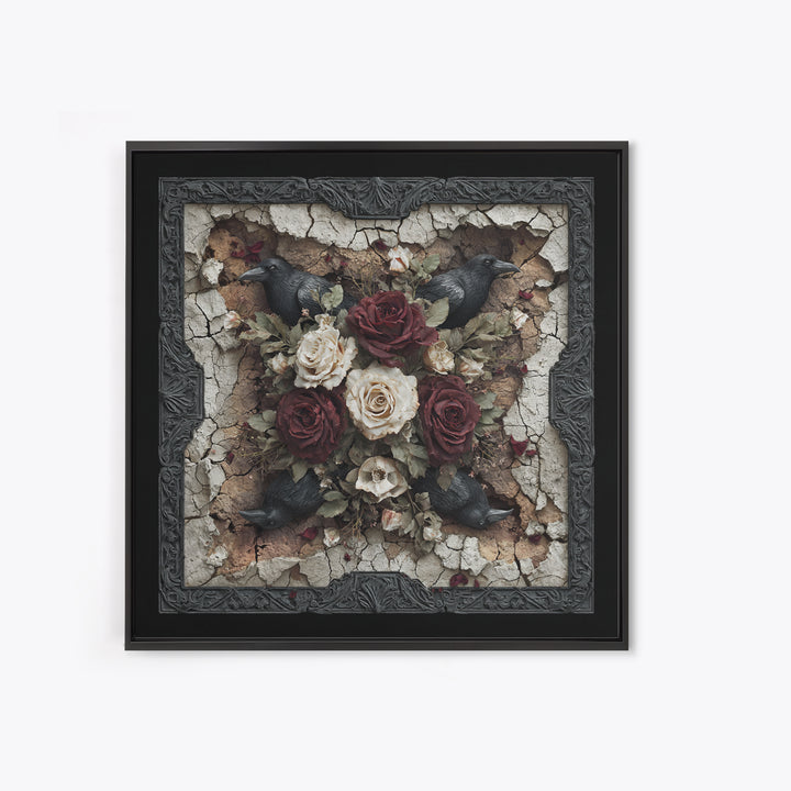 Black Roses Blooming from Cracked Stone Canvas Print, Dark Art, Fantasy Art, Living Room Decor, Fine Art, Nocturne, DAR-1x1-50