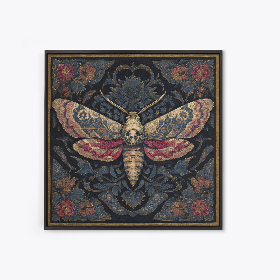 Moth with Skull Pattern on Black Ground Framed Canvas Print, Dark Art, Neutral Decor, Living Room Decor, Fine Art, Nocturne, DAR-1x1-63