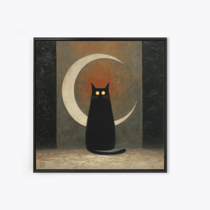 Black Cat with Glowing Eyes under Crescent Canvas Print, Dark Art, Statement Artwork, Living Room Decor, Fine Art, Nocturne, DAR-1x1-9
