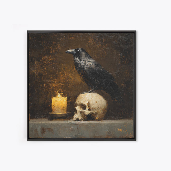 Raven Perched on a Skull Canvas Print, Dark Art, Art Print, Living Room Decor, Oil Painting, Nocturne, Halloween Art, DAR-1x1-97