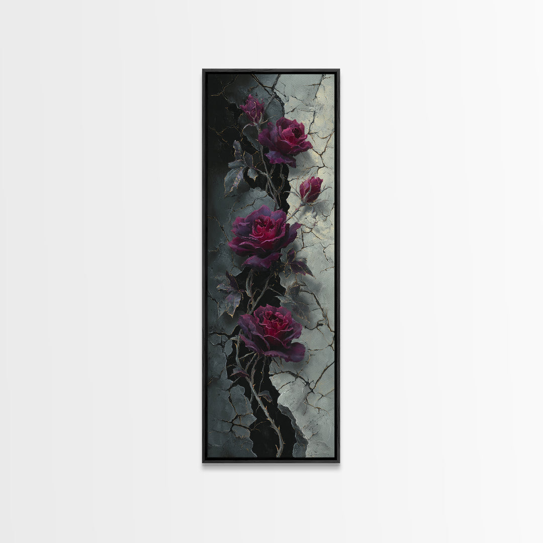 Black Roses Blooming from Cracked Stone Canvas Print, Dark Art, Gallery Decor, Living Room Decor, Fine Art, Nocturne, DAR-1x3-14
