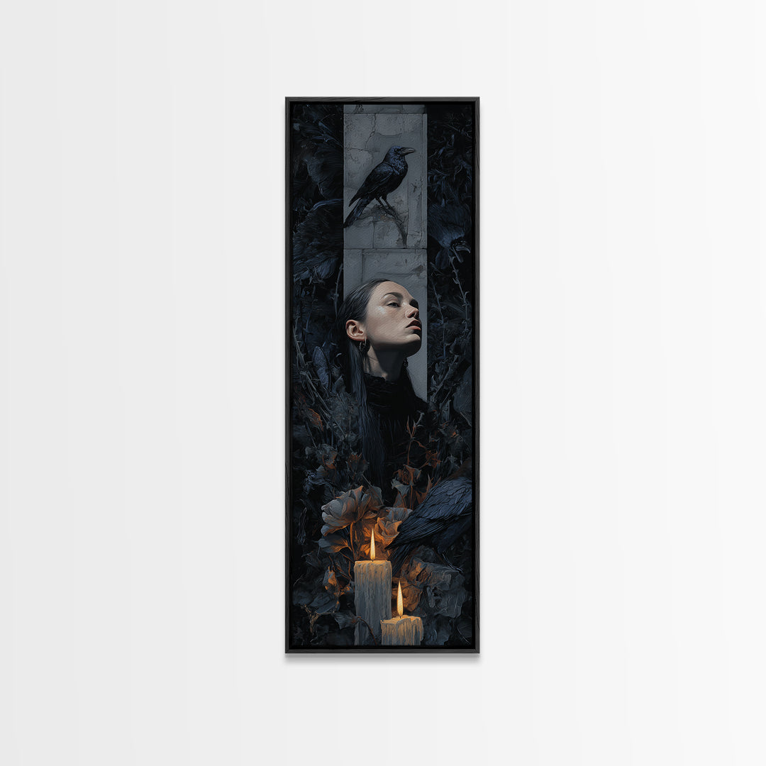 Silent Graveyard with Blue Moon Haze Framed Canvas Print, Dark Art, Horror Wall Art, Living Room Decor, Oil Painting, Nocturne, DAR-1x3-30