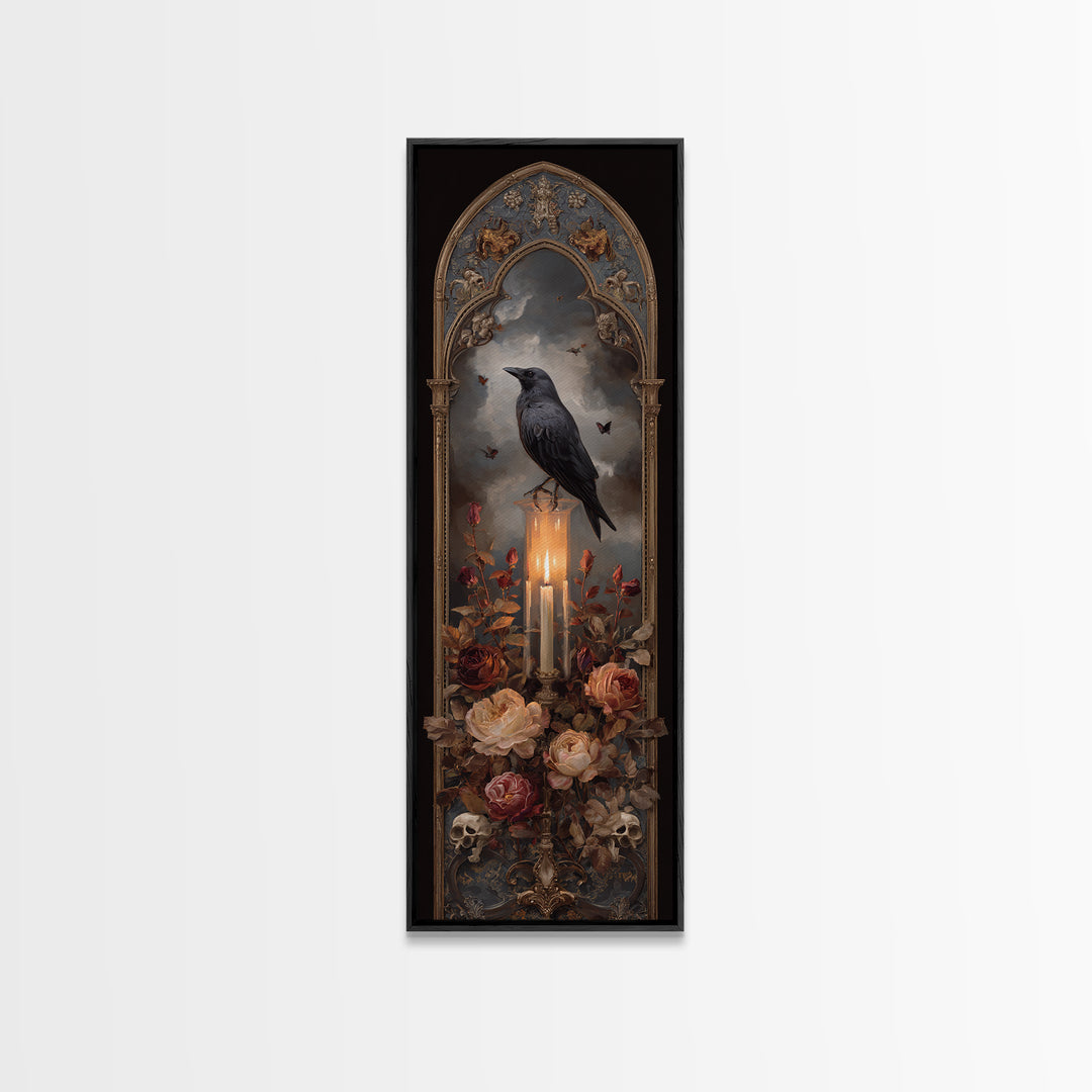 Candle Flame Reflecting Framed Canvas Print, Dark Art, Print, Living Room Decor, Nocturne, Moody Wall Art, Halloween Art, DAR-1x3-36