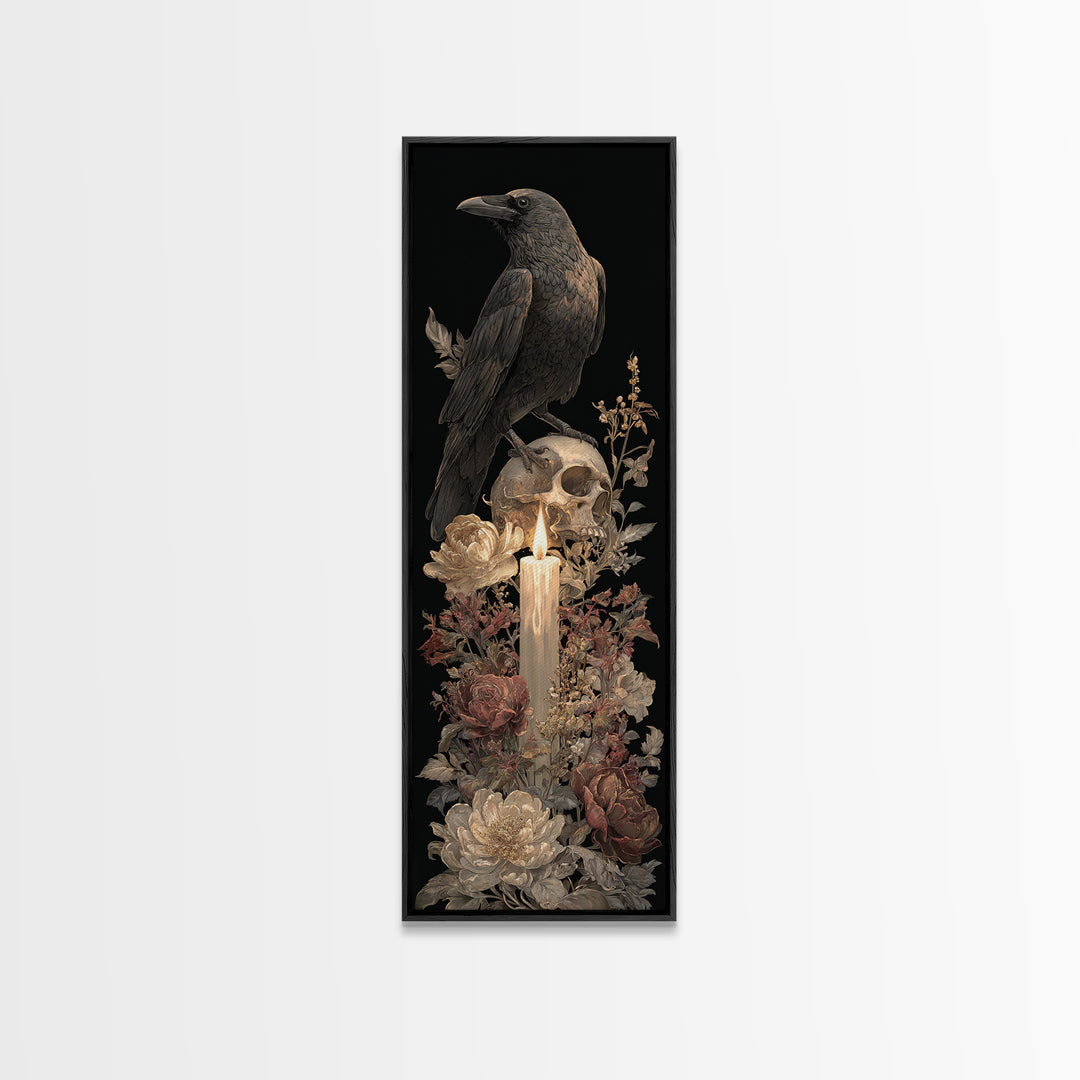 Raven Perched on a Skull Canvas Print, Dark Art, Minimalist Decor, Living Room Decor, Fine Art, Nocturne, Oil Painting, DAR-1x3-37