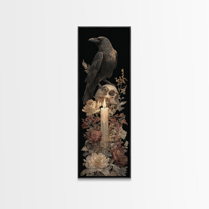 Raven Perched on a Skull Canvas Print, Dark Art, Minimalist Decor, Living Room Decor, Fine Art, Nocturne, Oil Painting, DAR-1x3-37