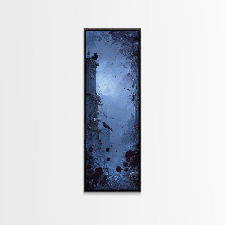 Silent Graveyard with Blue Moon Haze Framed Canvas Print, Dark Art, Horror Wall Art, Living Room Decor, Oil Painting, Nocturne, DAR-1x3-54