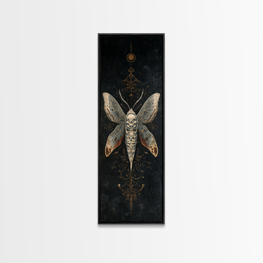 Moth with Skull Pattern on Black Ground Framed Canvas Print, Dark Art, Neutral Decor, Living Room Decor, Fine Art, Nocturne, DAR-1x3-75