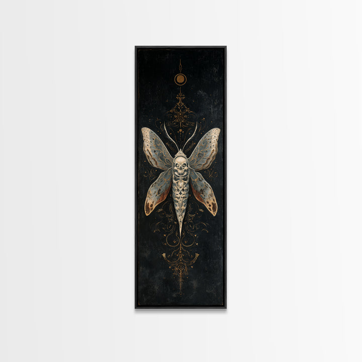Moth with Skull Pattern on Black Ground Framed Canvas Print, Dark Art, Neutral Decor, Living Room Decor, Fine Art, Nocturne, DAR-1x3-75