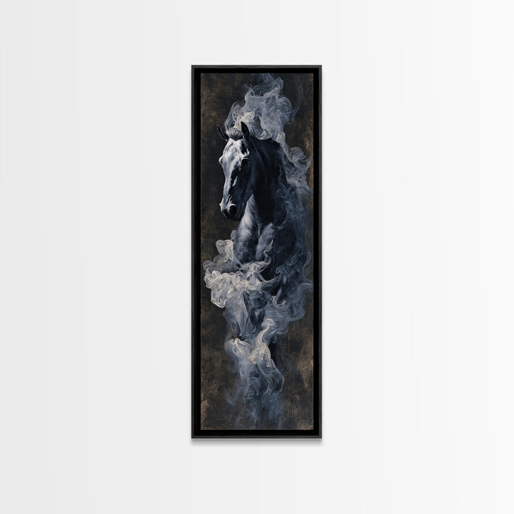 Black Horse Emerging from Smoke Framed Canvas Print, Dark Art, Weird Art, Living Room Decor, Fine Art, Nocturne, DAR-1x3-79