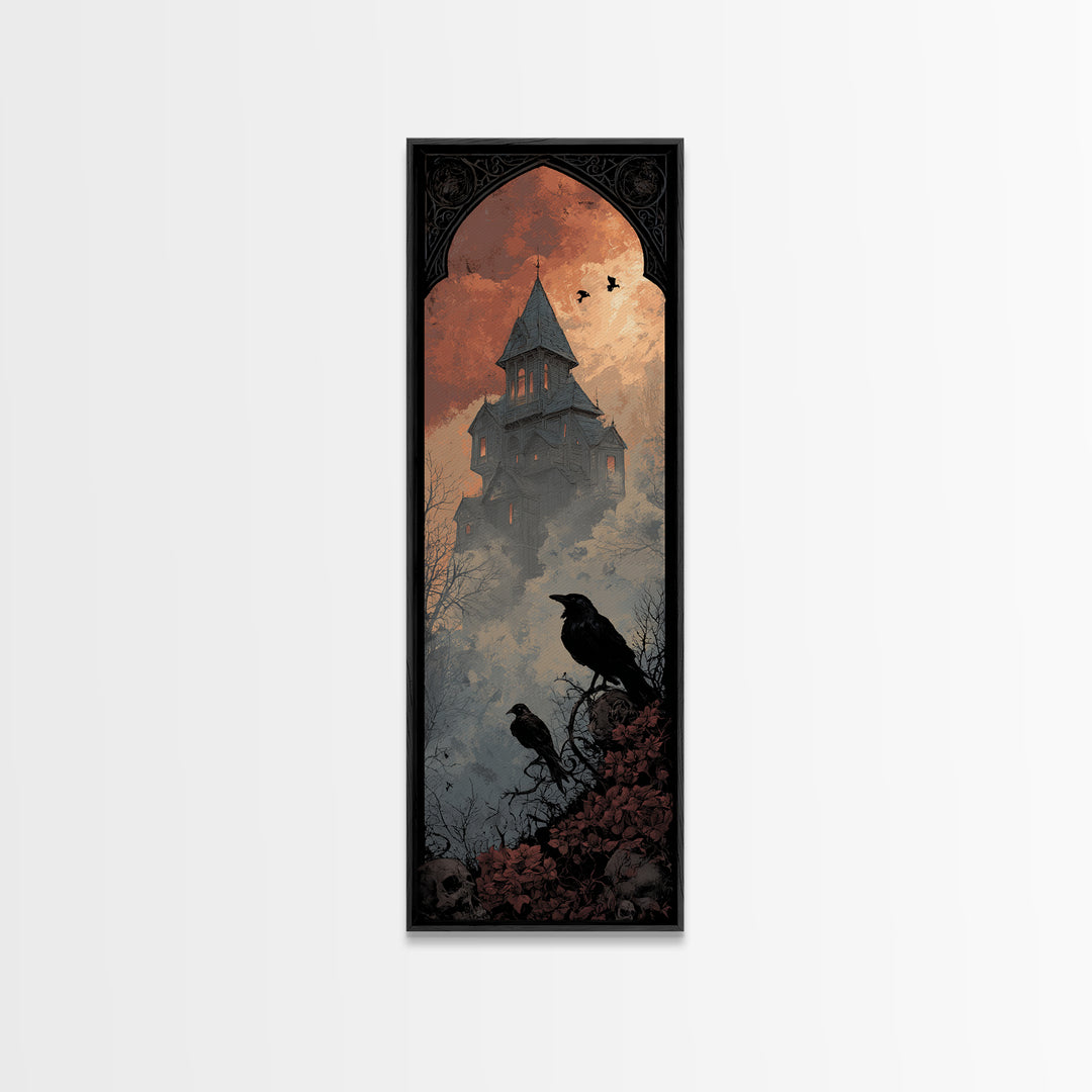Haunted Mansion Silhouette on Distant Hill Canvas Print, Dark Art, Wall Art, Living Room Decor, Oil Painting, Nocturne, DAR-1x3-90