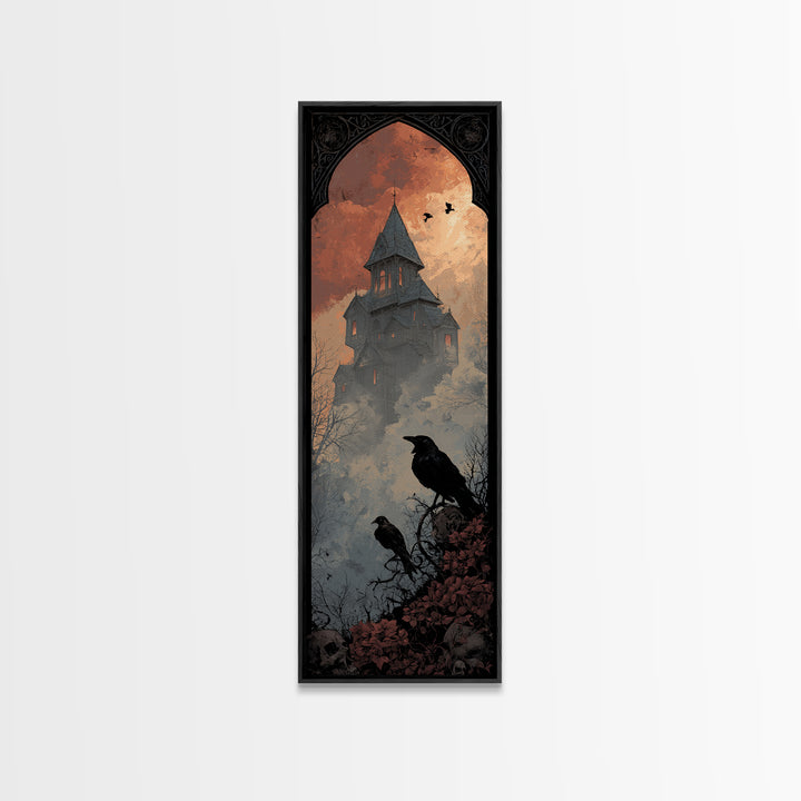 Haunted Mansion Silhouette on Distant Hill Canvas Print, Dark Art, Wall Art, Living Room Decor, Oil Painting, Nocturne, DAR-1x3-90