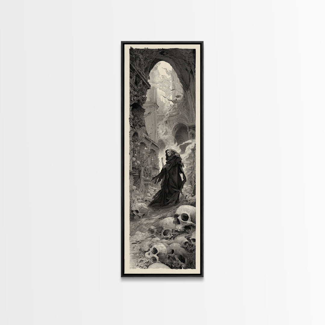 The Endless Catacombs, Gothic Engraving Art, Tall Narrow Wall Art, Dark Halloween Decor, Canvas Print, Halloween Wall Art