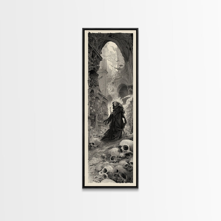 The Endless Catacombs, Gothic Engraving Art, Tall Narrow Wall Art, Dark Halloween Decor, Canvas Print, Halloween Wall Art