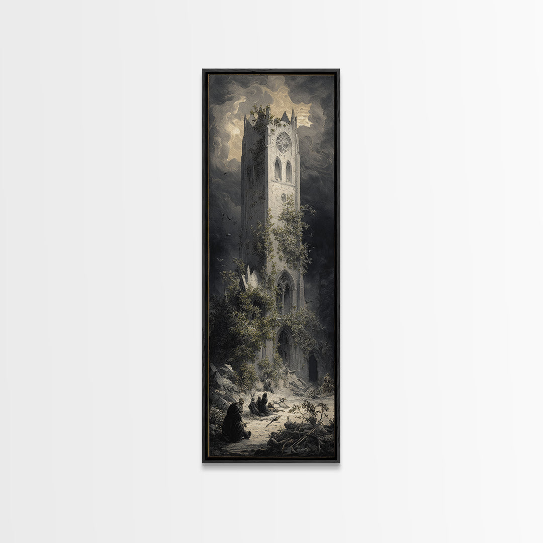 The Overgrown Chapel, Gothic Engraving Art, Tall Narrow Wall Art, Dark Halloween Decor, Canvas Print, Halloween Wall Art