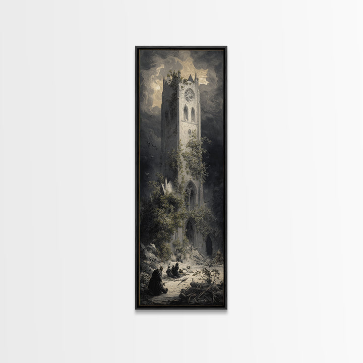 The Overgrown Chapel, Gothic Engraving Art, Tall Narrow Wall Art, Dark Halloween Decor, Canvas Print, Halloween Wall Art