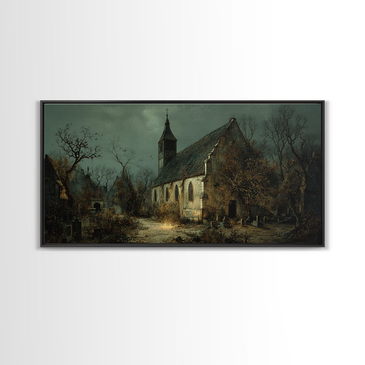 The Overgrown Chapel, Northern Renaissance Horror, Wide Panoramic Art, Dark Halloween Decor, Canvas Print, Halloween Wall Art