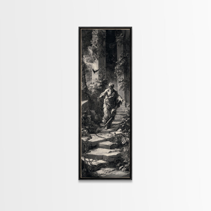 The Overgrown Chapel, Architectural Etching Art, Tall Narrow Wall Art, Dark Halloween Decor, Framed Canvas Print