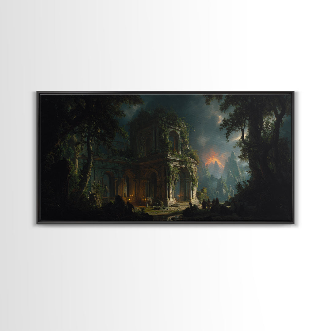 The Overgrown Chapel, Apocalyptic Romantic Art, Wide Panoramic Art, Dark Fantasy Wall Art, Framed Canvas Print, Halloween Wall Art